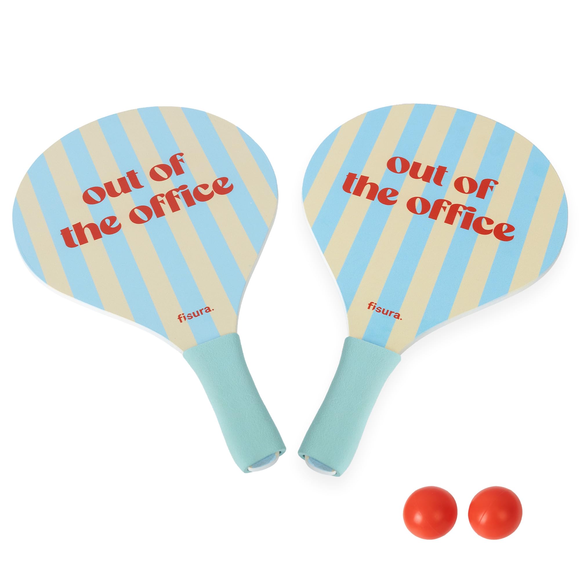 Fisura - Beach Paddle Set “Out of the Office” – Wooden Beach Bats in Red & Blue with Mesh Bag – 2 Balls Included – Outdoor Beach Game