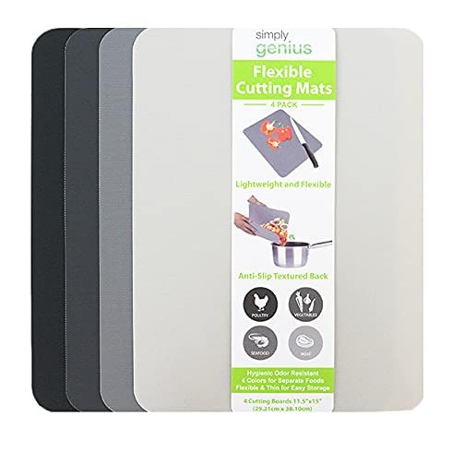 Flexible Rectangular Cutting Board Set - Dishwasher-Safe Kitchen Cutting Mat - Textured-Grip Flexible Surface - Odor-Resistant Plastic Chopping Mat - 4-Pack, 11.5 x 15 in, Gray