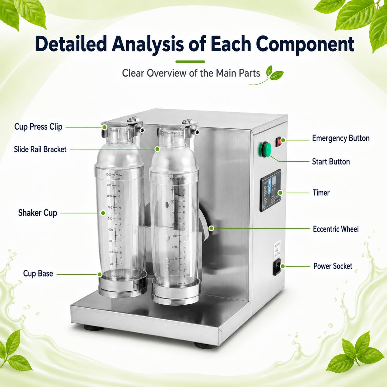 Shaker Eléctrico para Cócteles 120W, Doble Vaso, Temporizador | 340 rpm; Inox; Soportes 350–1000 ml; Inicio Rápido; Parada de Emergencia; Base Lastrada; Incluye 2 Vasos Shaker; Cóctel, Bar