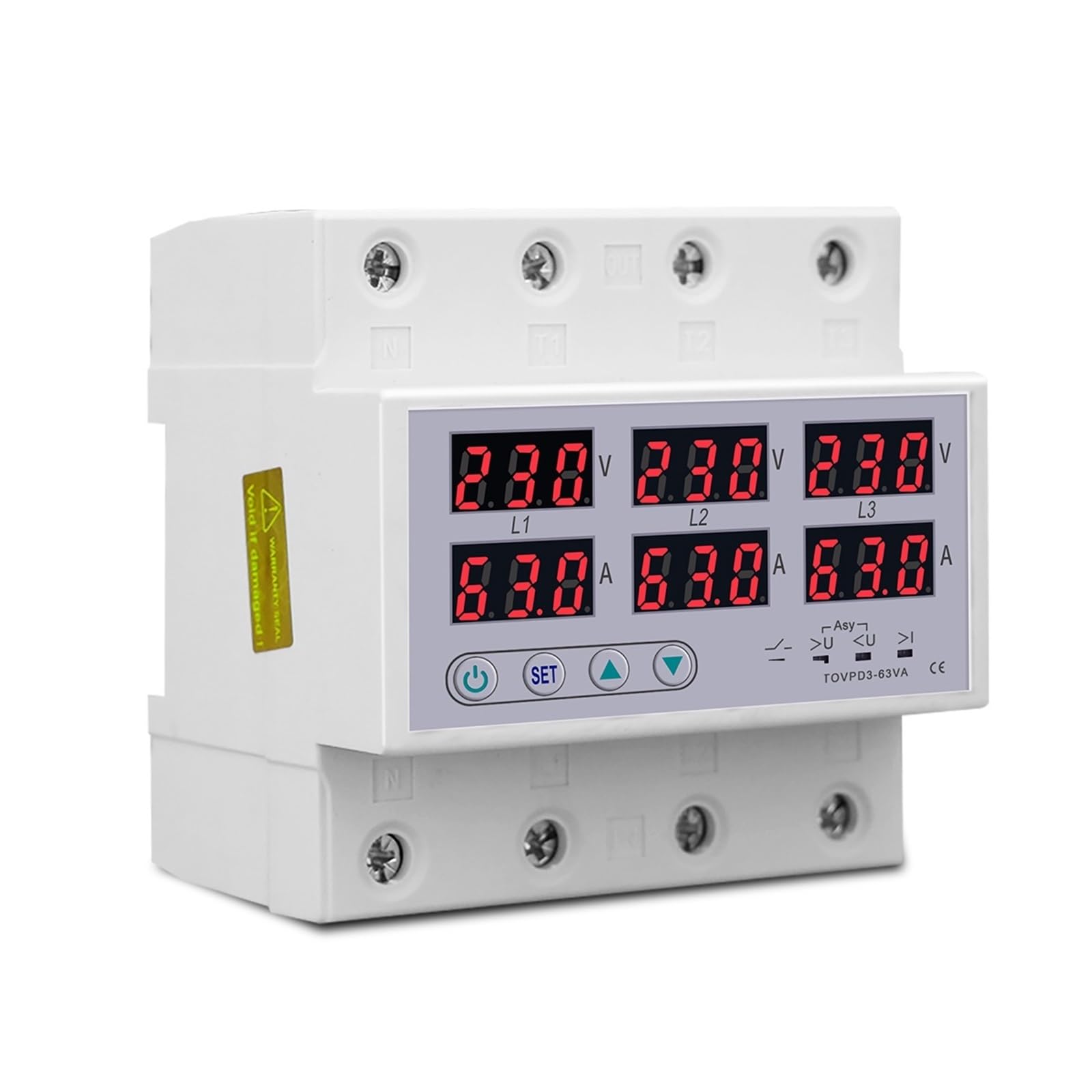 1 voltímetro amperímetro trifásico 3P+N con riel DIN, ajustable, protección de límite de corriente de sobretensión y subtensión, relé de monitor, protector, disyuntor.(63A With N 3X220V)