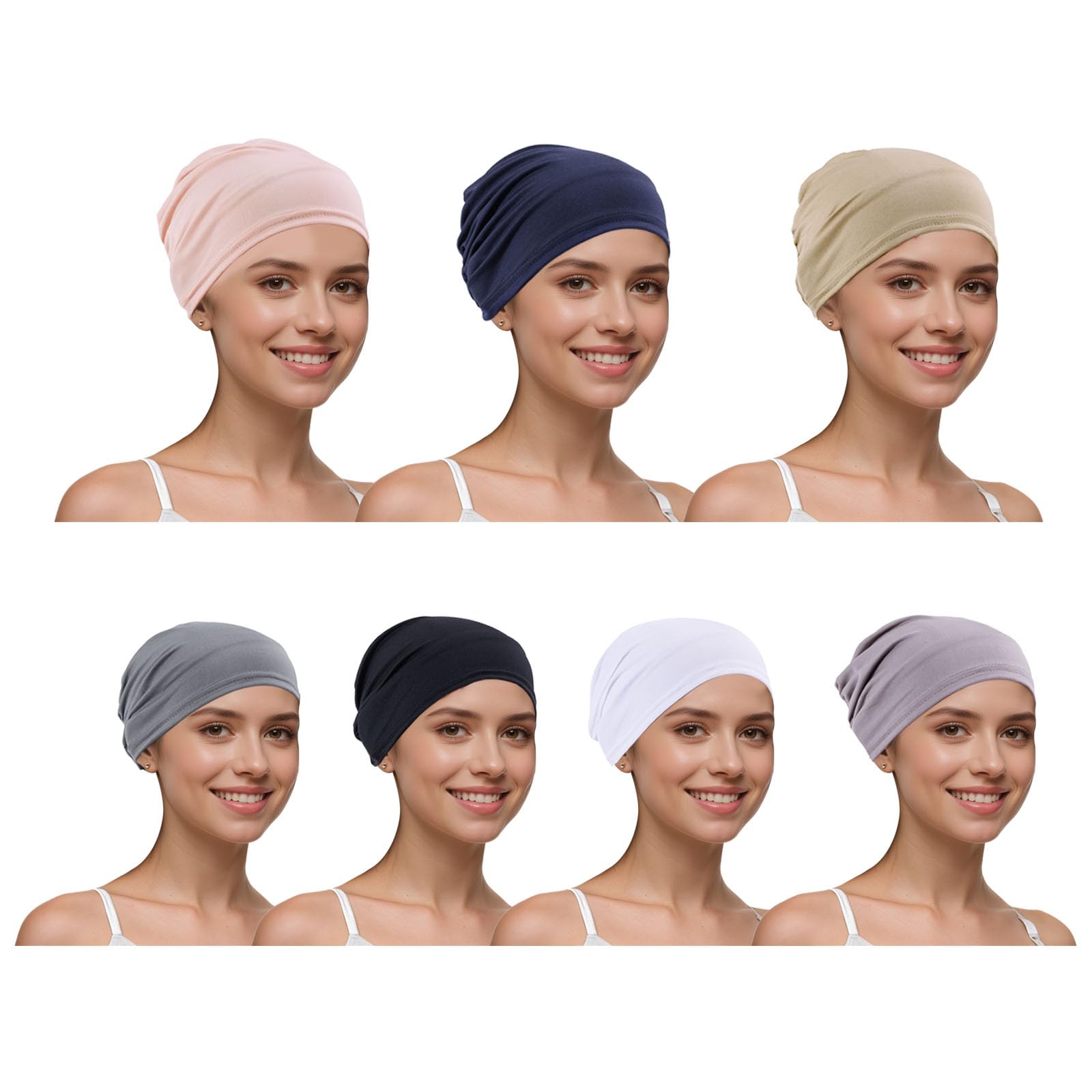 7 Pcs Chemo Headwear for Women, Breathable Elastic Beanie Hat, Solid Chemo Hats for Women with Hair Loss