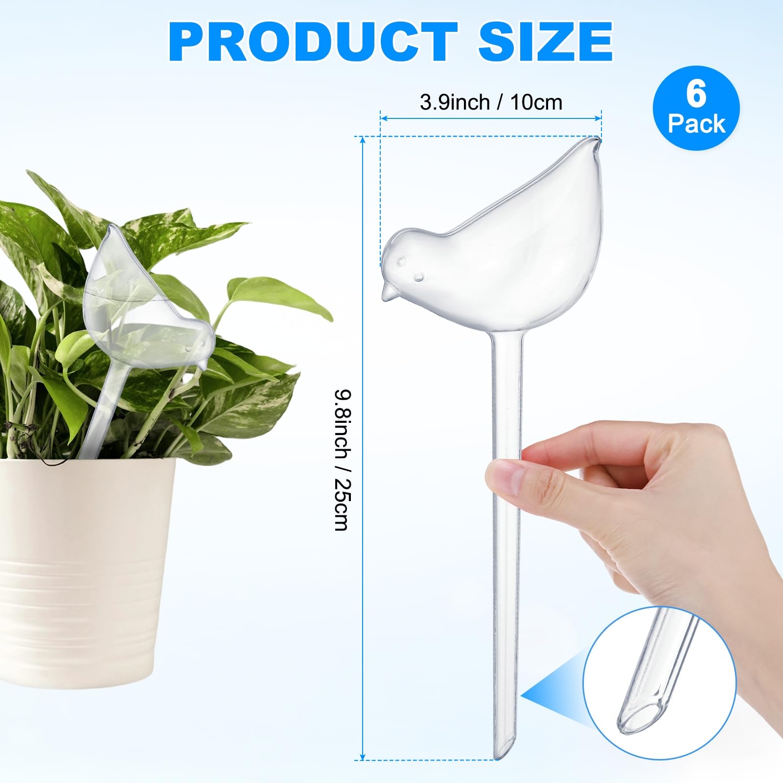 M METERXITY Lot de 6 globes d'arrosage de plantes, 24 cm en plastique en forme d'oiseau à arrosage automatique pour pots d'intérieur/extérieur, appareils d'auto-arrosage - Piquet de jardin décoratif