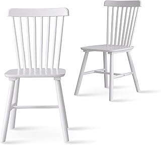 Livinia Aslan Malaysian Oak Dining Chair Set of Two, Country Farmhouse High Spindle Back Wooden Side Chairs (White)