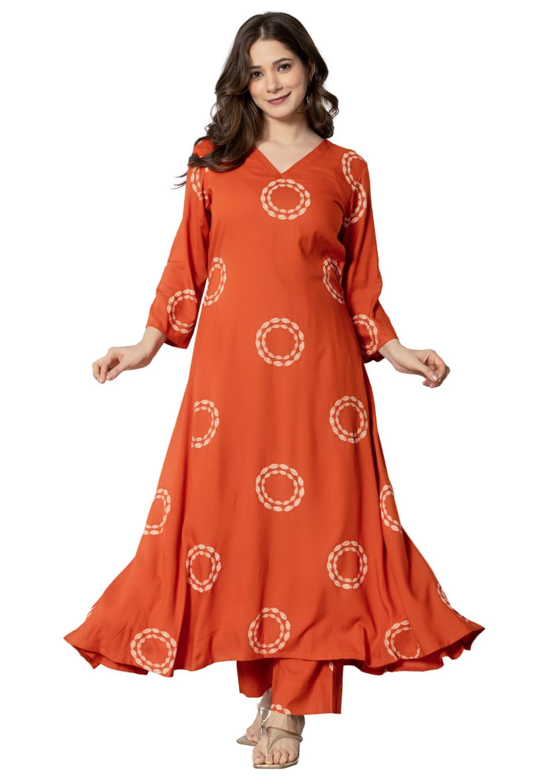 Rytras Women's Pure Cotton Printed Kurta Set With Palazzo Pants - Ethnic Wear, Orange(Ryt591,M)