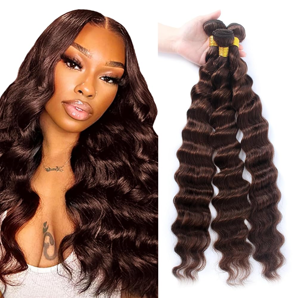 Creuost Human Hair Bundles #4 Chocolate Brown Color Loose Wave Soft and Silk Natural Brazilian Virgin Human Hair Extension For Woman 3 Bundles Total 300g 16 18 20 Inch