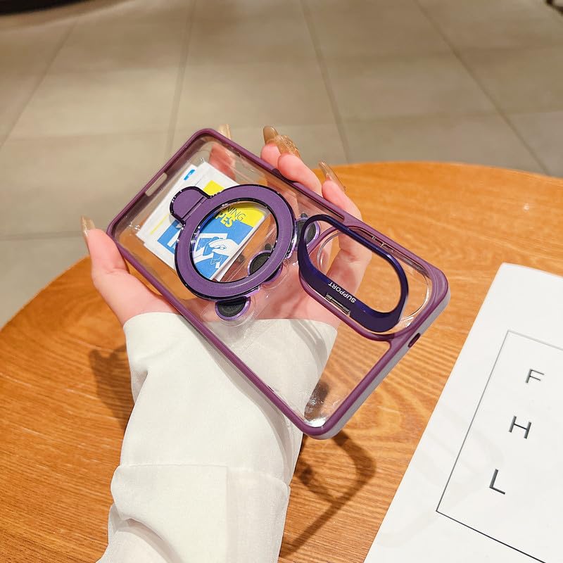 Image of LuxuryKase Magnetic Clear Case for Samsung Galaxy S25 Edge | Metal Ring Stand | Camera Lens Protector Rings | Shockproof Hard PC Back | MagSafe Compatible | TPU Bumper - Purple