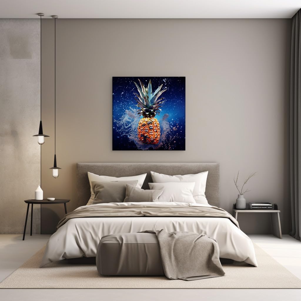 Canvas for Living room. Submerged Sweetness: A Pineapple's Underwater Dance with Bubbles and Blues, 27 x 18 inch Canvas Wall Art - Wall Art Digital Painting - Modern Home Decor