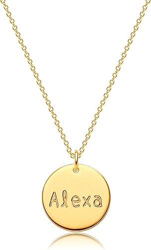 MEVECCO Collar con dije de disco con nombre personalizado chapado en oro de 18 quilates, con escritura personalizada, collar minimalista con nombre