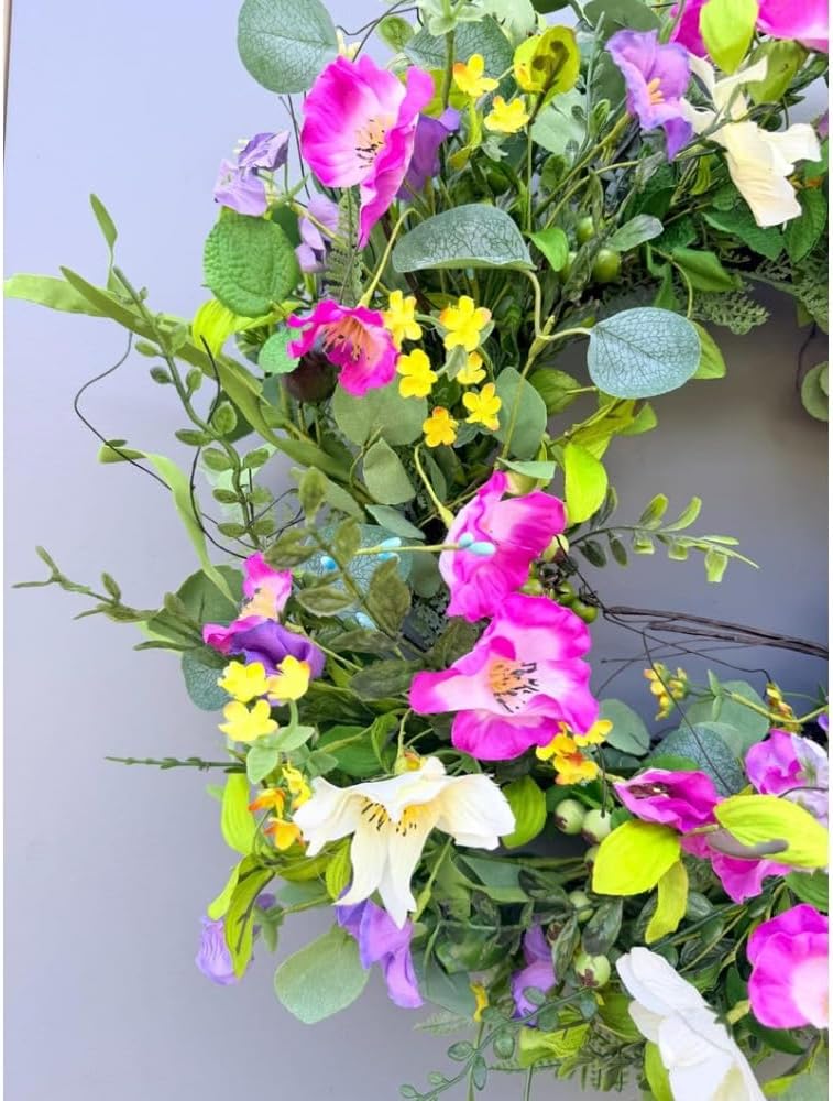 22 Inch Spring Summer Wreath for Front Door, Colorful Wildflower and Greenery Artificial Wreath for Wall Decor, Farmhouse Home Entryway Decor for Spring Summer