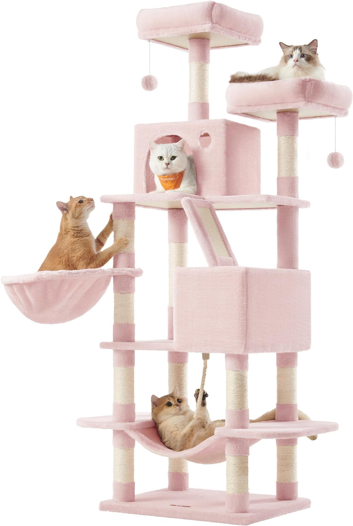 Feandrea Cat Tree, 168 cm Large Cat Tower Condo with 13 Scratching Posts, 1 Scratching Ramp, 2 Perches, 2 Caves, Basket, Hammock, Pompoms, Jelly Pink PCT165P01V1