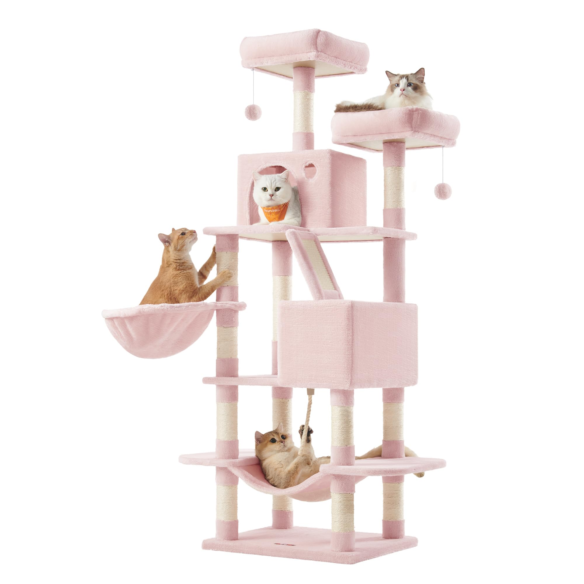 Feandrea Cat Tree, 168 cm Large Cat Tower Condo with 13 Scratching Posts, 1 Scratching Ramp, 2 Perches, 2 Caves, Basket, Hammock, Pompoms, Jelly Pink PCT165P01V1