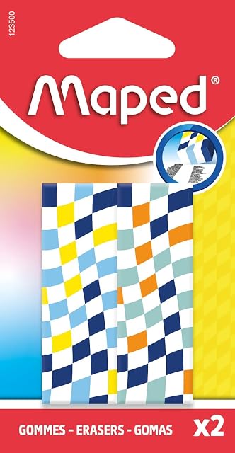 Foto 2 de 4 de Maped Damier - Pack de 2 Gomas de Borrar Bicolores con Diseño de Cuadros, Gomas de Plástico de Alta Eficacia…