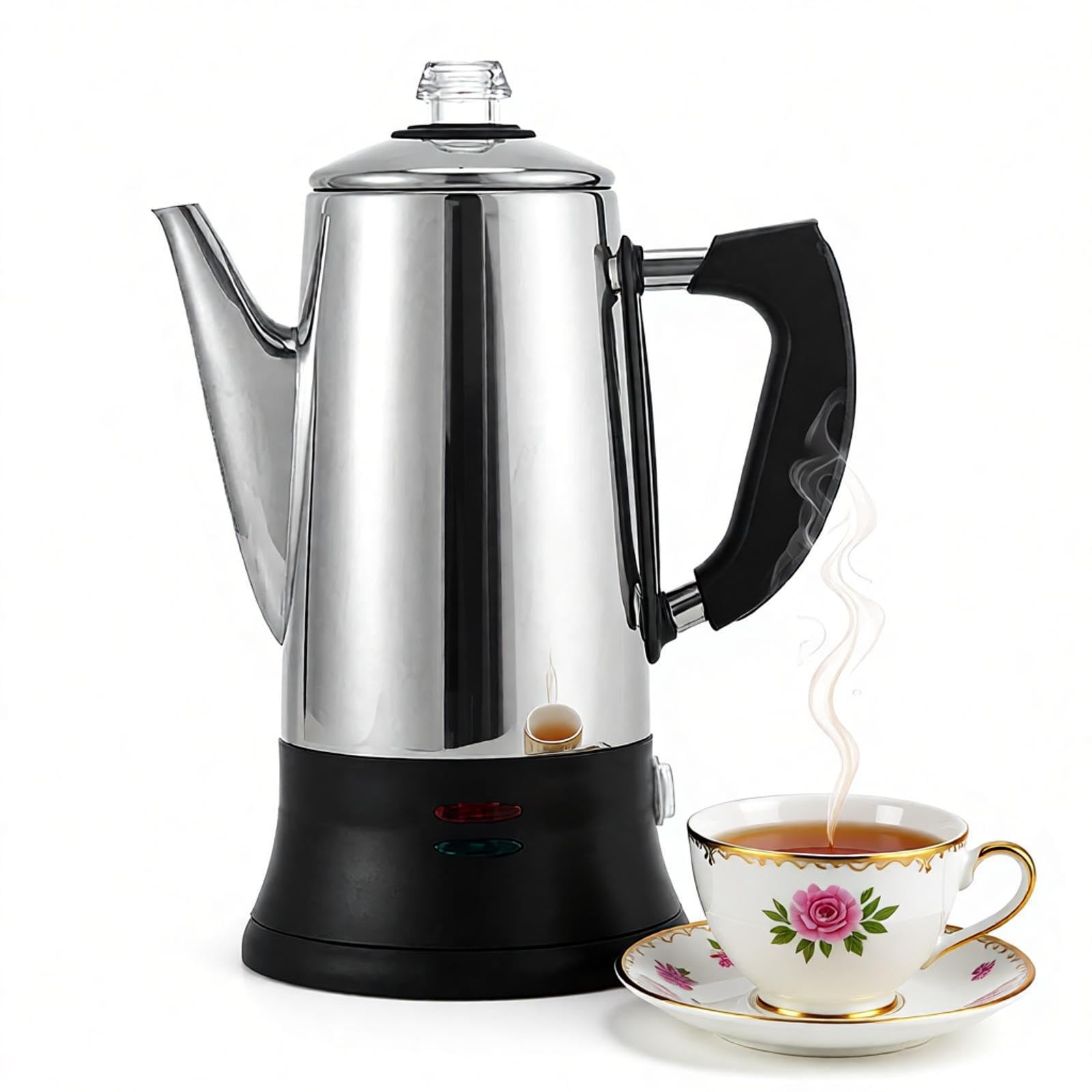 Cafetera eléctrica de acero inoxidable con base giratoria de 360°, luz indicadora de calefacción, capacidad de 1.8 L (12 tazas), 30 minutos para mantener el calor para café, té, cacao, avena
