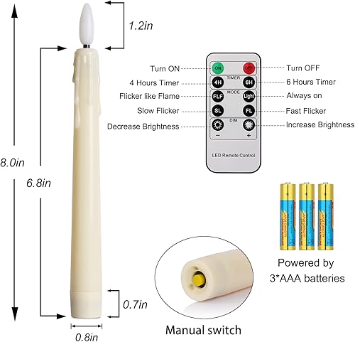 Miniatura 29 de 6 velas de Navidad para ventana con temporizador, velas LED parpadeantes sin llama con control remoto, velas cónicas que funcionan con pilas Velas
