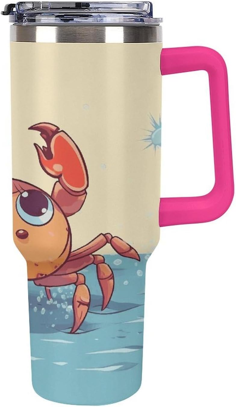 40 Oz Insulated Mug with Handle, Stainless Steel Summer Cartoon Crab Printed Travel Mug Portable Leak-proof Large Car Mug for Home, Office Or Car