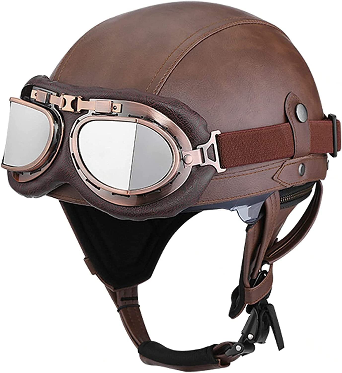 Casque Demi Moto Rétro Cuir avec Lunettes Amovibles Protection XL