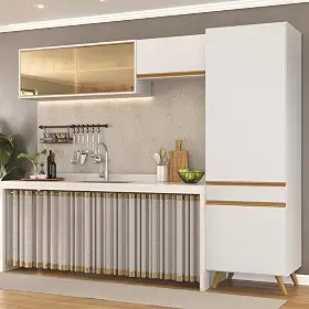 Armário Cozinha Modulada Compacta com Vidros 252cm 3 Peças Veneza Multimóveis Mp2300 Branco/dourado