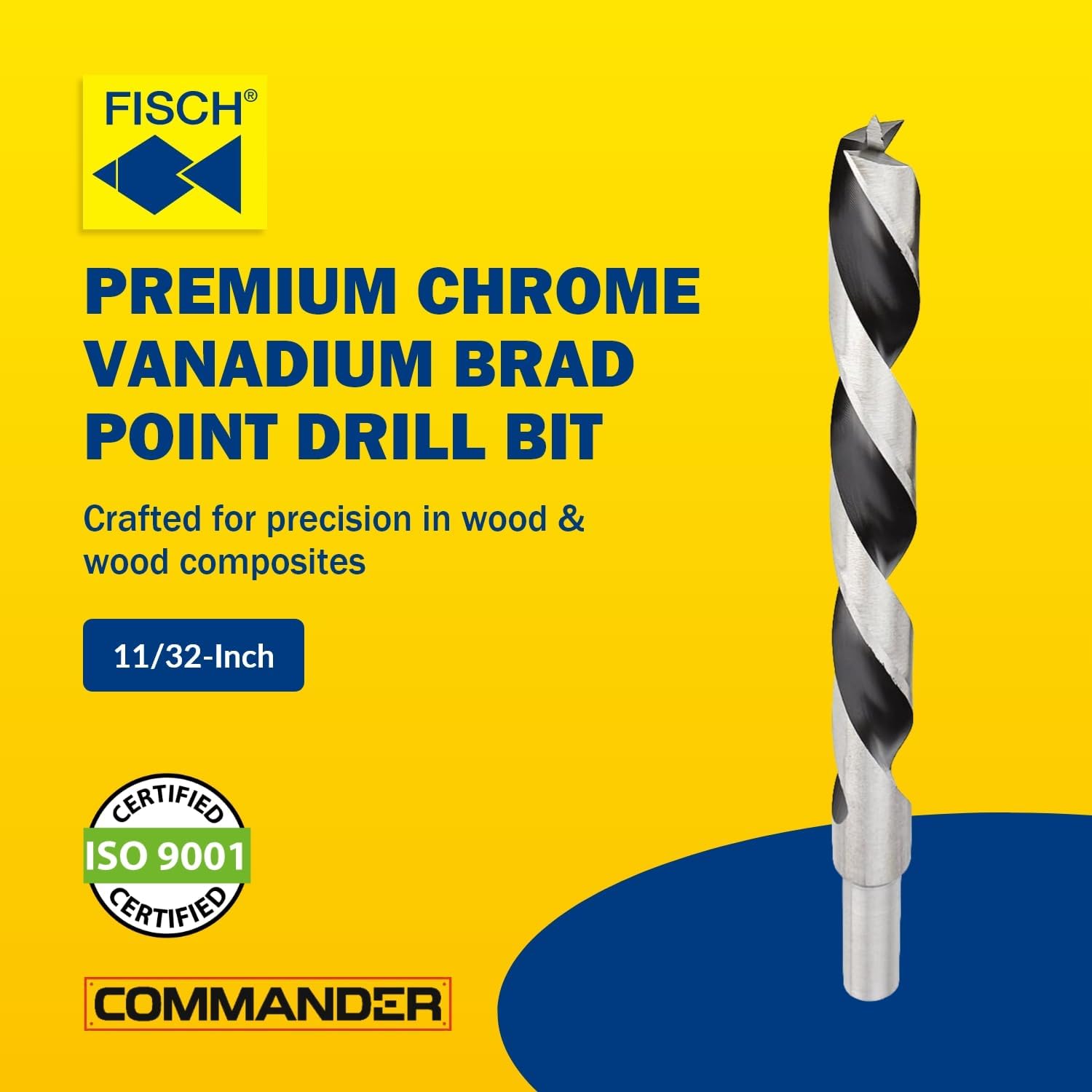 Fisch Chrome-Vanadium Brad Point Ground Wood Drill Bit, 11/32 Inch, Wood Drill Bit, Precision Drilling for Woodworking, Compatible with Standard Drills, DIY & Professional Use