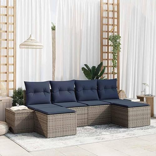 Miniatura 10 de 6-Seater Modular Patio Furniture Set in Black Poly Rattan with Outdoor Cushions Adjustable Feet Modern Outdoor Seating for Garden Deck Backyard