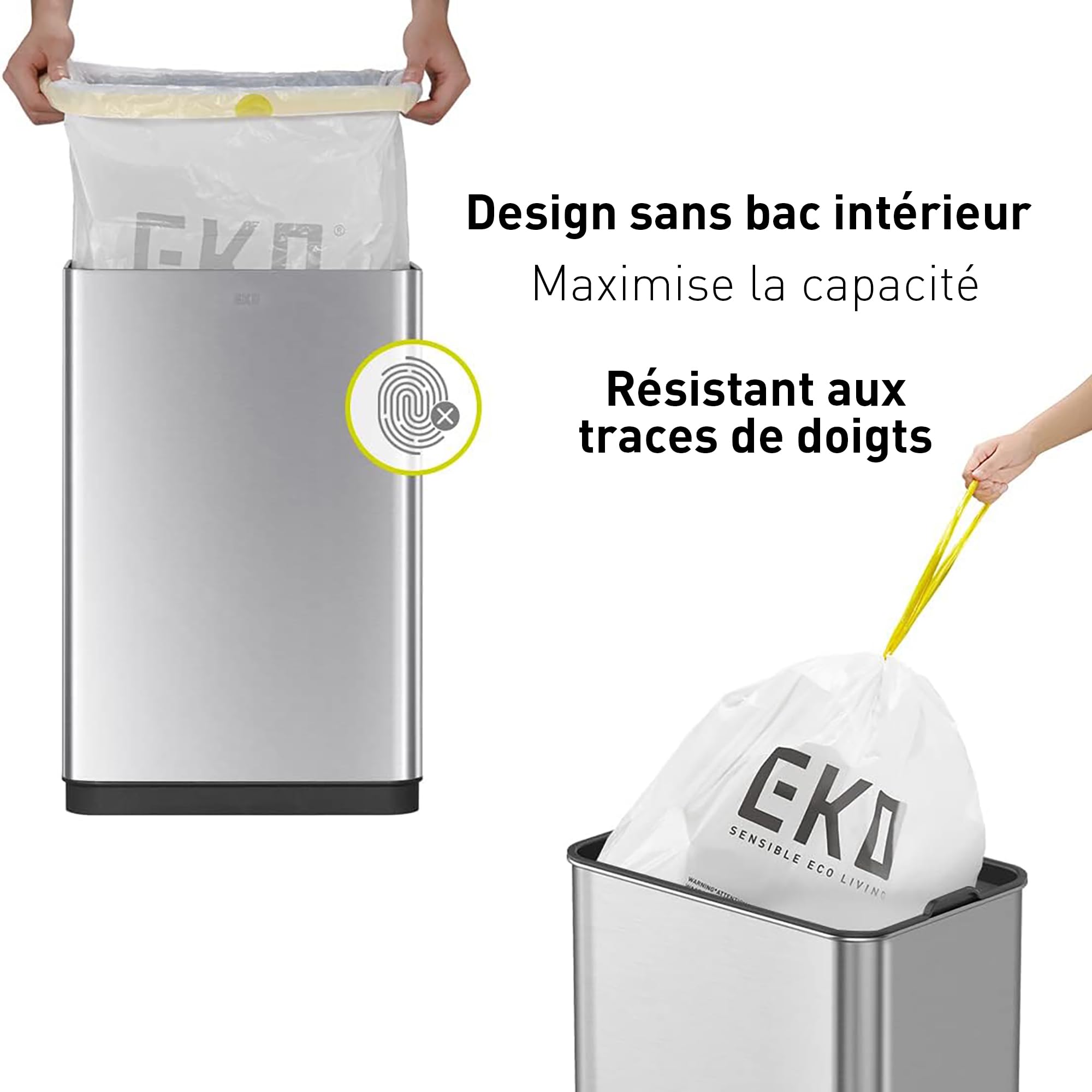 EKO Poubelle Cuisine Automatique 50L Mirage-T | Bac Rectangulaire avec Capteur Mains Libres | Acier Inox Brossé Anti-Traces | Cuisine Moderne