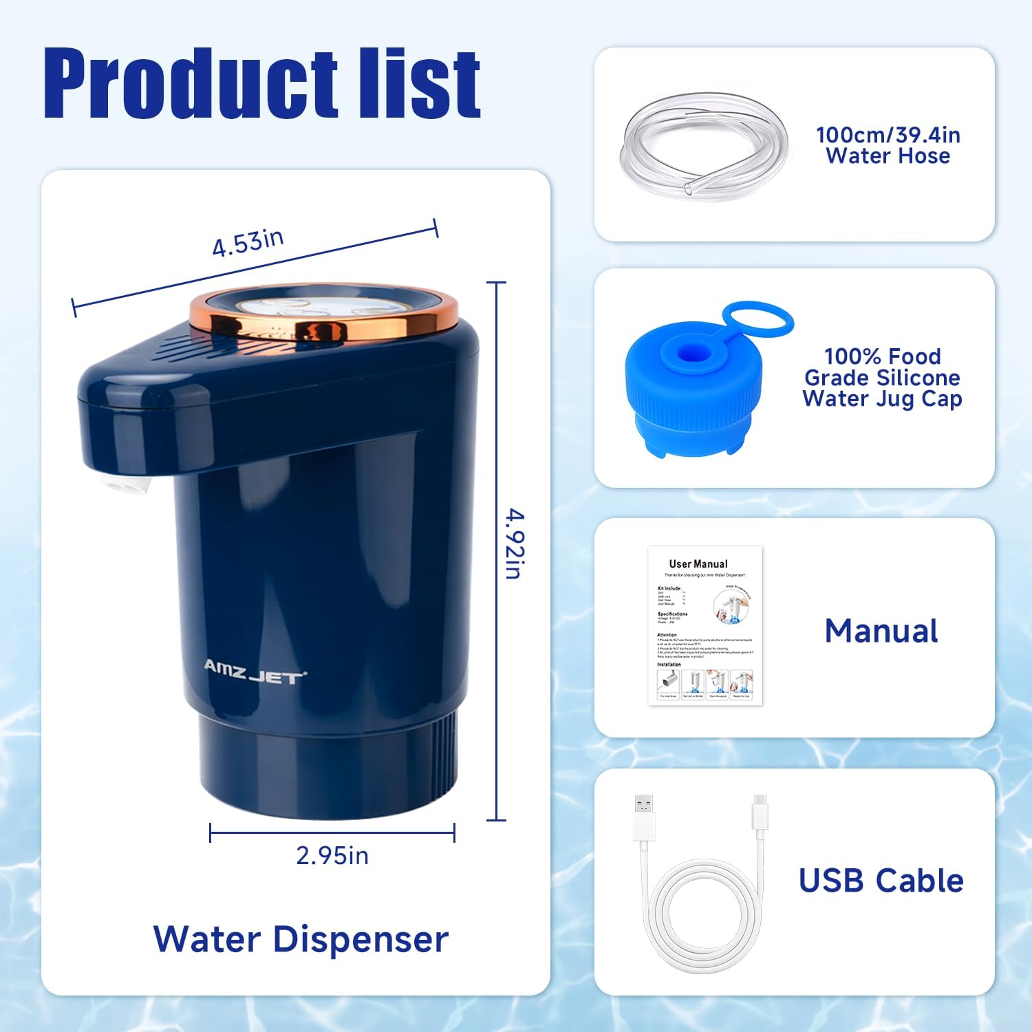 Dual Pump Water Dispenser for 5 Gallon Bottle, Electric Water Bottle Pump with Water Jug Cap, Powerful Flow, USB Rechargeable Automatic for Home, Office, Camping-Blue