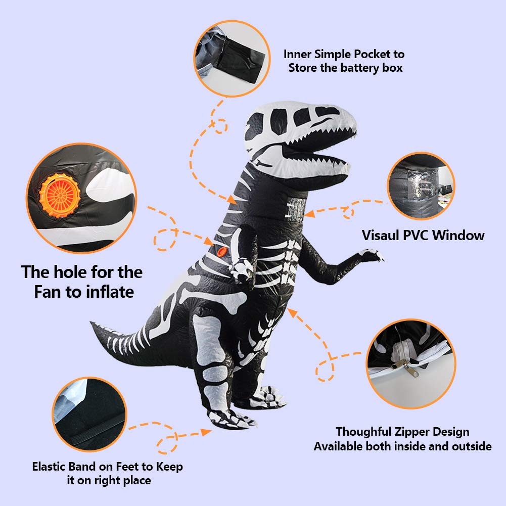 vlionzebra Inflatable Dinosaur Costume Fan Operated Halloween Fancy Suit for Adult & Kids(Skeleton Dinosaur,Adult)