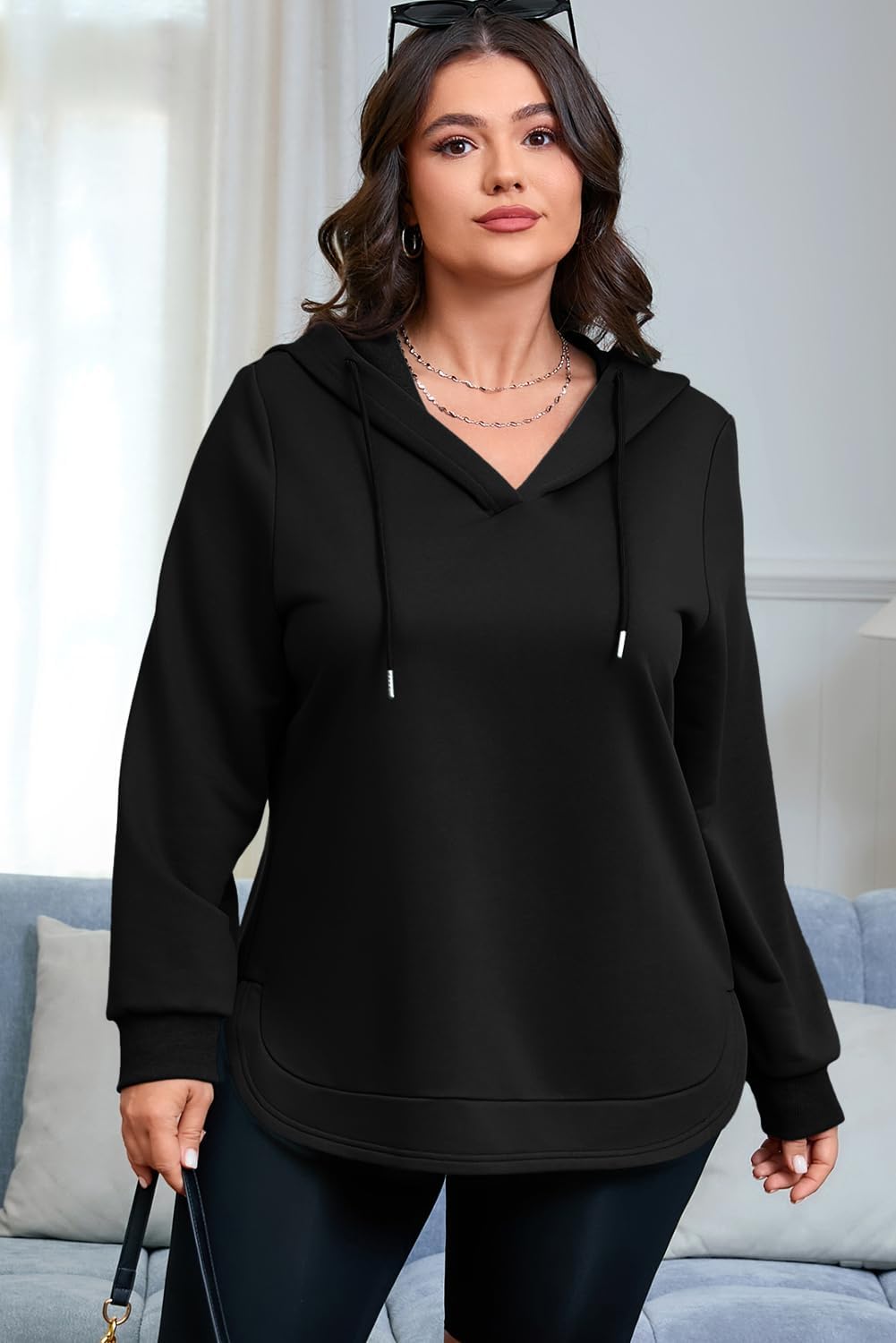 AlvaQ Womens Plus Size Sweatshirts Casual Long Sleeve V Neck Drawstring Hoodies Tops - Image 7