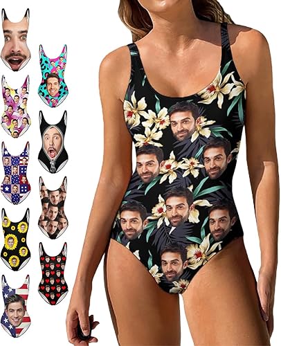 Custom Face Swimsuits for Women One Piece Personalized Funny Bathing Suits with Husbands Faces for Summer Holiday