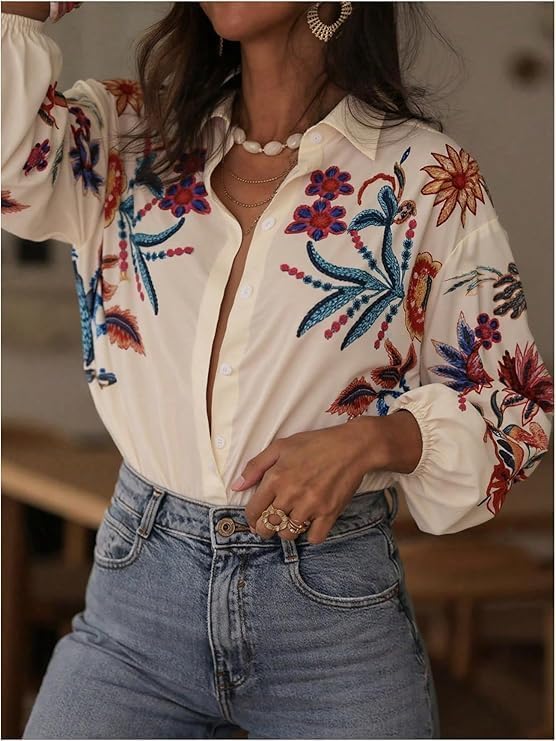 Chvity Women's Floral Printe Boho Long Sleeve Blouse Fall Fashion Button Up Cozy Shirts Office Work Casual Party Tops - Image 2