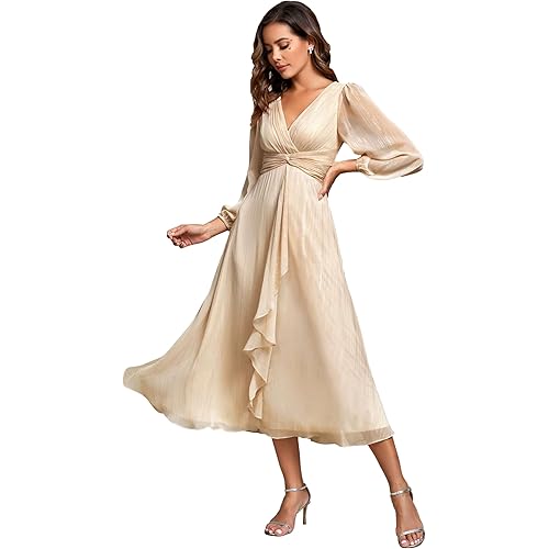 Ever-Pretty Women's Elegant A Line Ruched V Neck Long Sleeves Tea-Length Fall Wedding Guest Dresses 01977