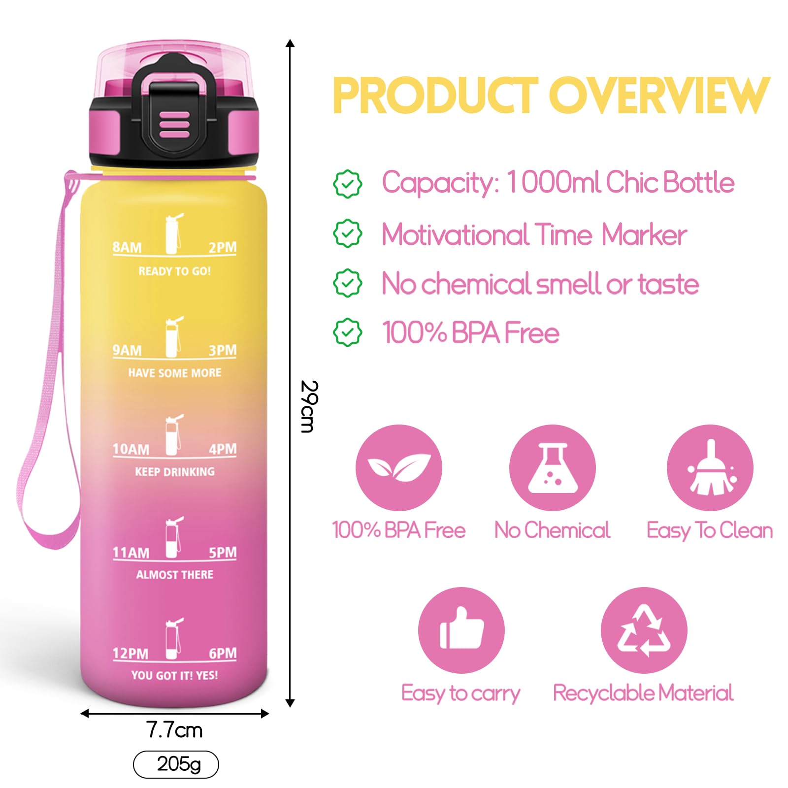 Motswedi Borraccia 1 litro, a Prova di Perdite, Borraccia con Cannuccia, Reutilizables, Bottiglia Acqua, Senza BPA, Borracce per Scuola, Palestra, Ufficio, Yoga, Sport, Rosa Giallastro