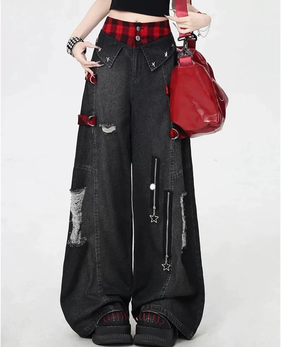 Harajuku Gothic High Waisted Straight Leg Jeans Y2K Casual Ripped Fringe Patchwork Star Zipper Denim Pants - Image 2