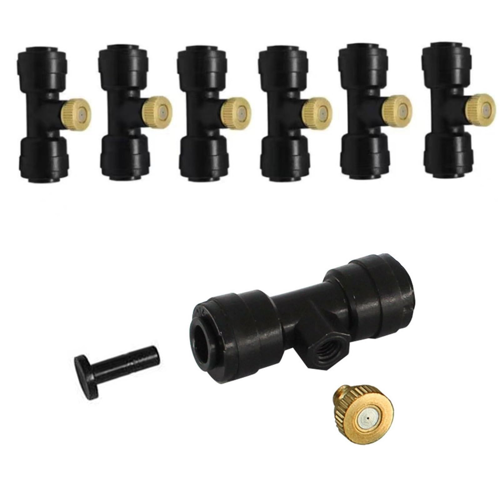 Confezione da 20 ugelli nebulizzatori in ottone e raccordo a T con chiusura scorrevole, 10/24 UNC, ugelli antinebbia e connettore a T per sistema di raffreddamento a bassa pressione, perfetti per