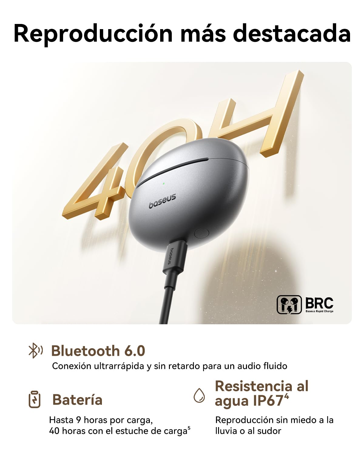 Baseus MC1 Pro Auriculares de oído Abierto, Clip para oídos | Sonido Impresionante, amplificación de Graves adaptativa, Bluetooth 6.0, IP67, 40H de batería