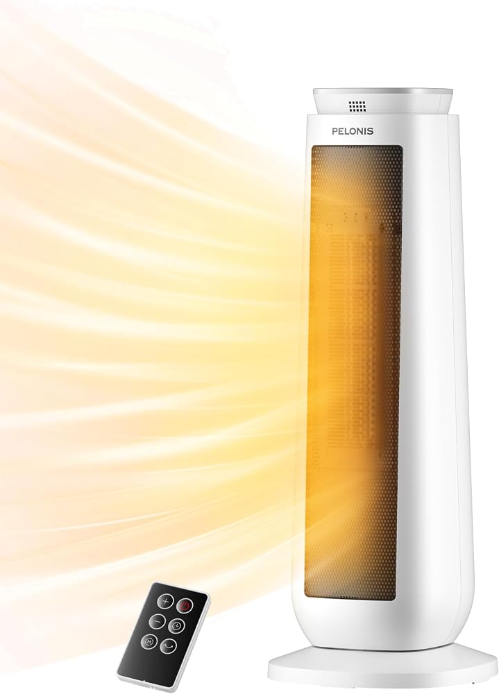 Amazon product image of PELONIS 23” Oscillating Ceramic Tower Space Heater with Remote & Thermostat, Electric Energy Efficient Floor Heater for In...
