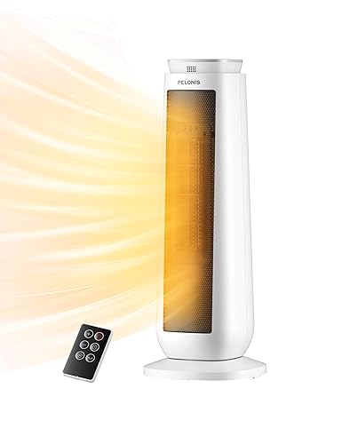 PELONIS 23” Oscillating Ceramic Tower Space Heater with Remote & Thermostat, Electric Energy Efficient Floor Heater for Indoor Use Large Room Safe with Timer, ECO Mode, 1500W, White - White