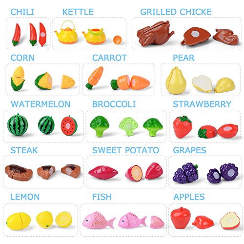 NextX Pretend Play Food Toys for Girls and Boys, Kitchen Cutting Fruits & Vegetables Set with Storage Basket for Kids