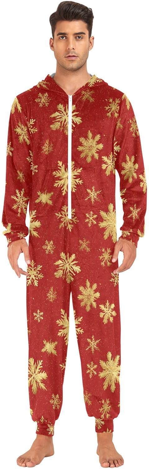 Gold Snowflakes Red M Adult Onesie Pajamas for Unisex Novelty One Piece Costume Sleepwear