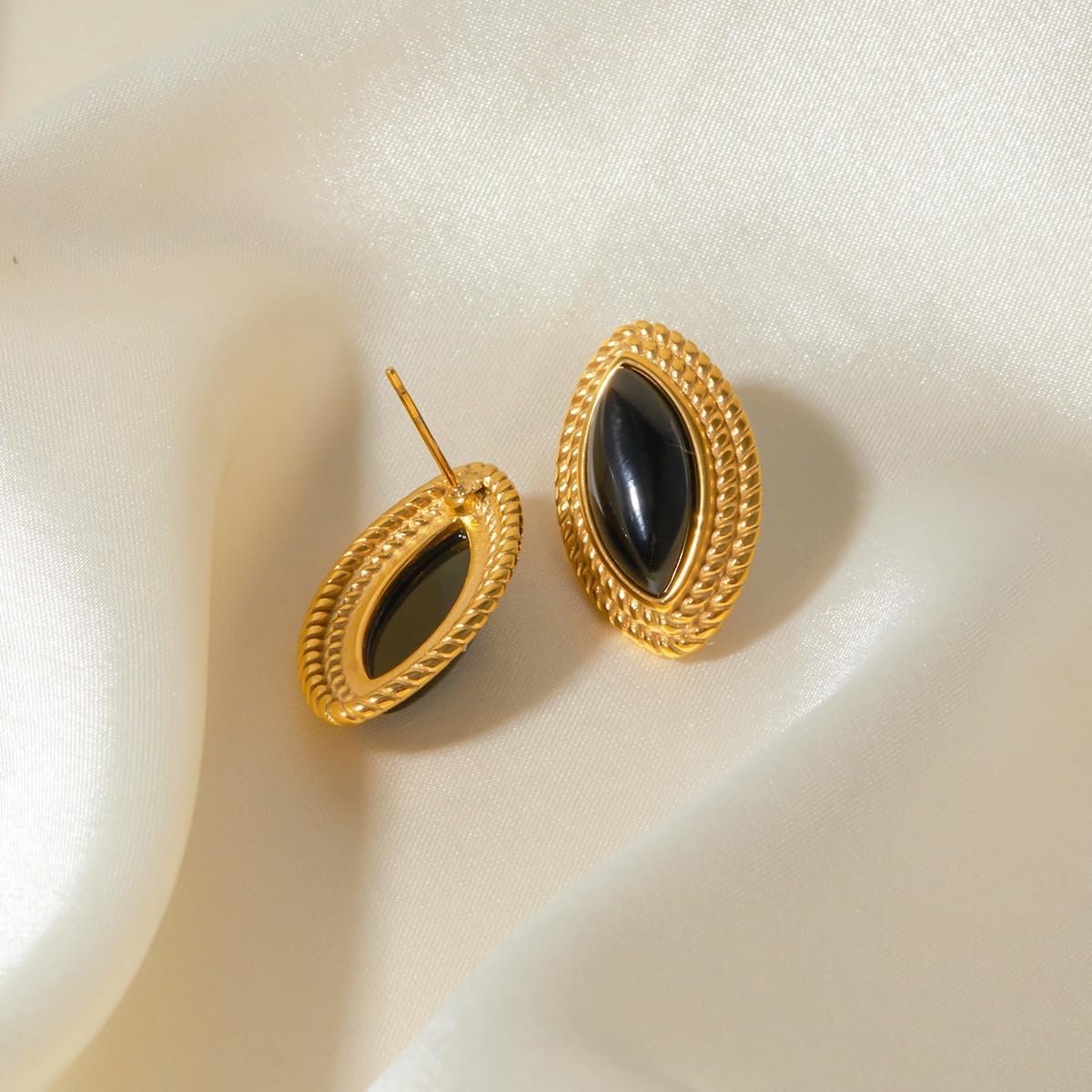 Gold Chunky Statement Earrings for Women, Black onyx Vintage Earrings - Image 6