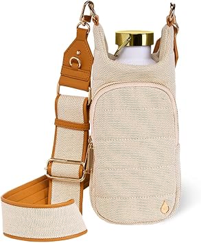 WanderFull Original HydroBag, Fits Up to 32 oz Water Bottle Holder with Strap, Gift for Women, Hands-Free Crossbody, Water Bottle Carrier Bag with Phone Pocket - Oatmeal Canvas