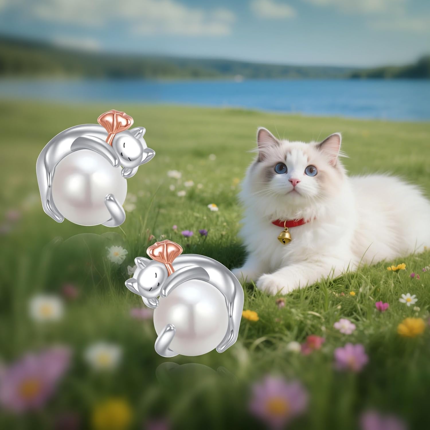 Pearl Cat Earrings Sterling Silver Cat Stud Earrings Jewelry Gifts for Women