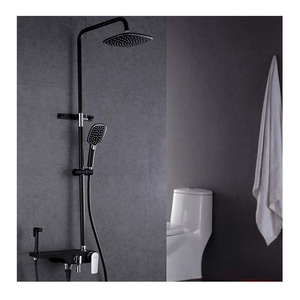 QUSYZD Black and Chrome Exposed Rain Mixer Shower Combo Set Wall Mounted Bathroom Shower Faucet Set with Shower Head, Handheld Shower, Tub Spout, Bidet Spray, Storage Shelf,