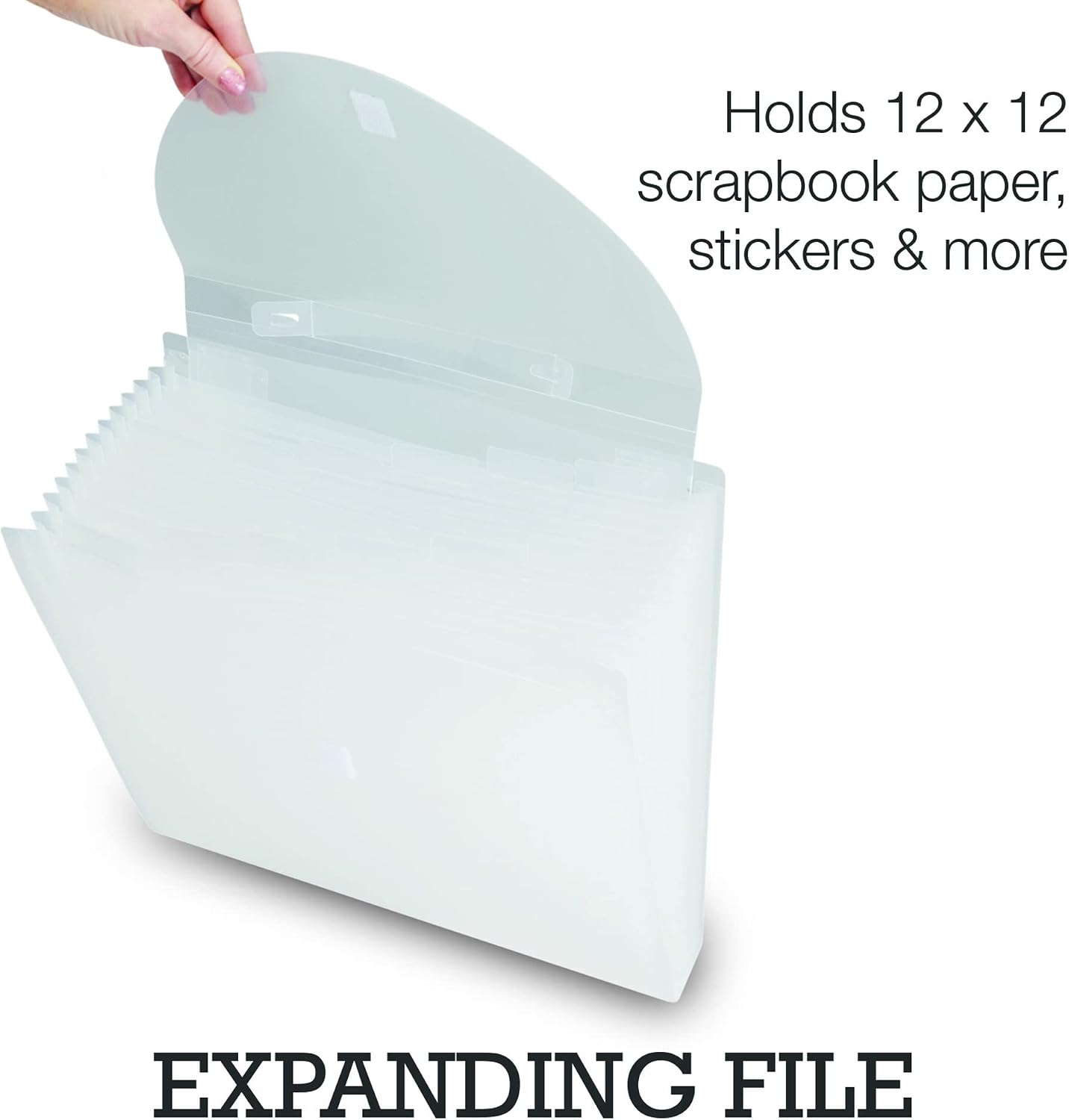Samsill Expandable Paper Storage Organizer, 12 Pockets with Tabs, Holds 12x12 Inch Scrapbook Paper, Vinyl Paper, Clear, Secure Flap Closure, Retractable Handle