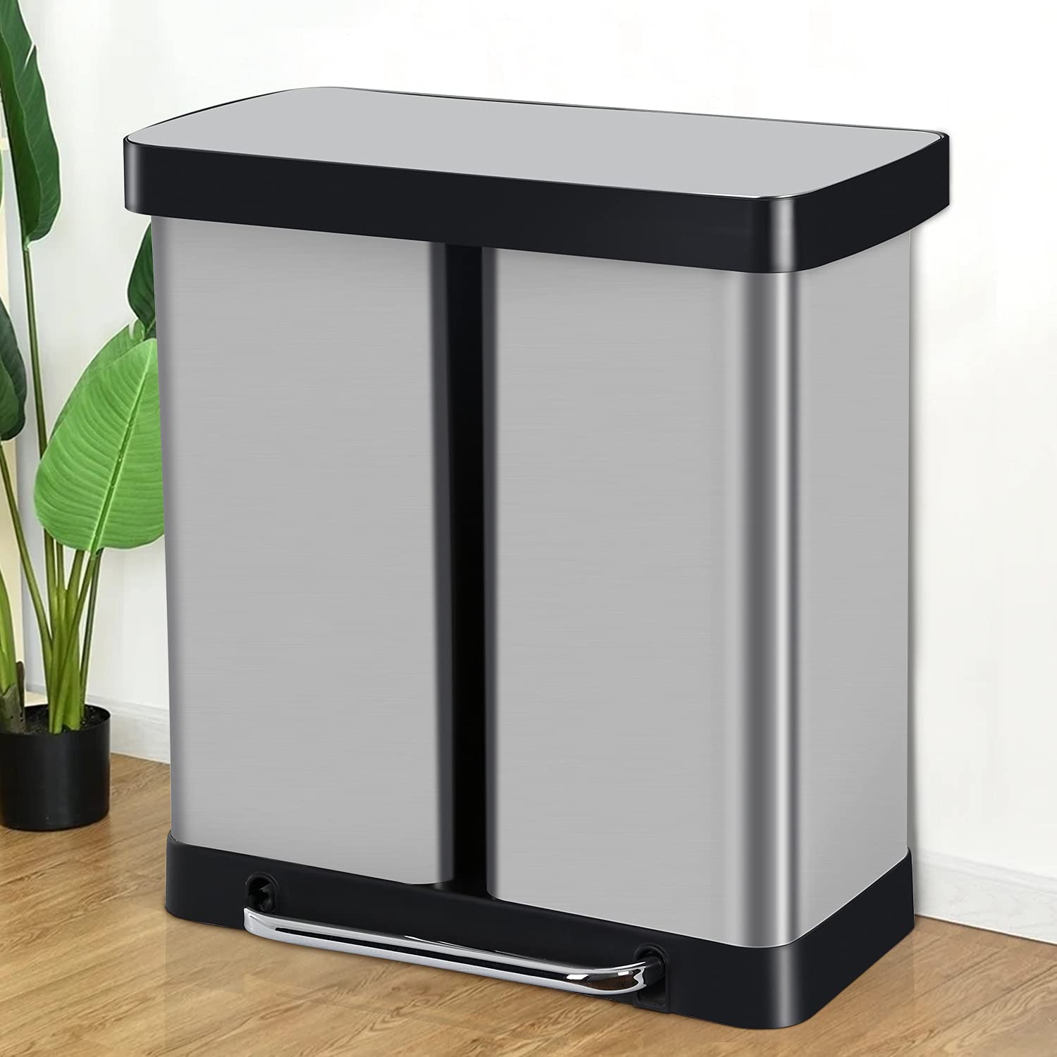 TTY Store 16 Gallon Kitchen Trash Can with Lid Stainless Steel Garbage Can, 60L Large Step Bin, Classified Recycle Bin Waste 2 Removable Inner Bucket for Bathroom, Bedroom, Kitchen, Office, Silver