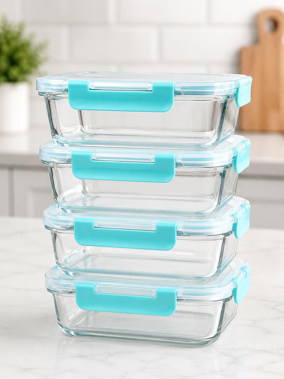 Confezione da 4 contenitori in vetro per la preparazione dei pasti con coperchio, 1040 ml, grandi contenitori per alimenti in vetro, ermetici, senza BPA, adatti a microonde, congelatore e
