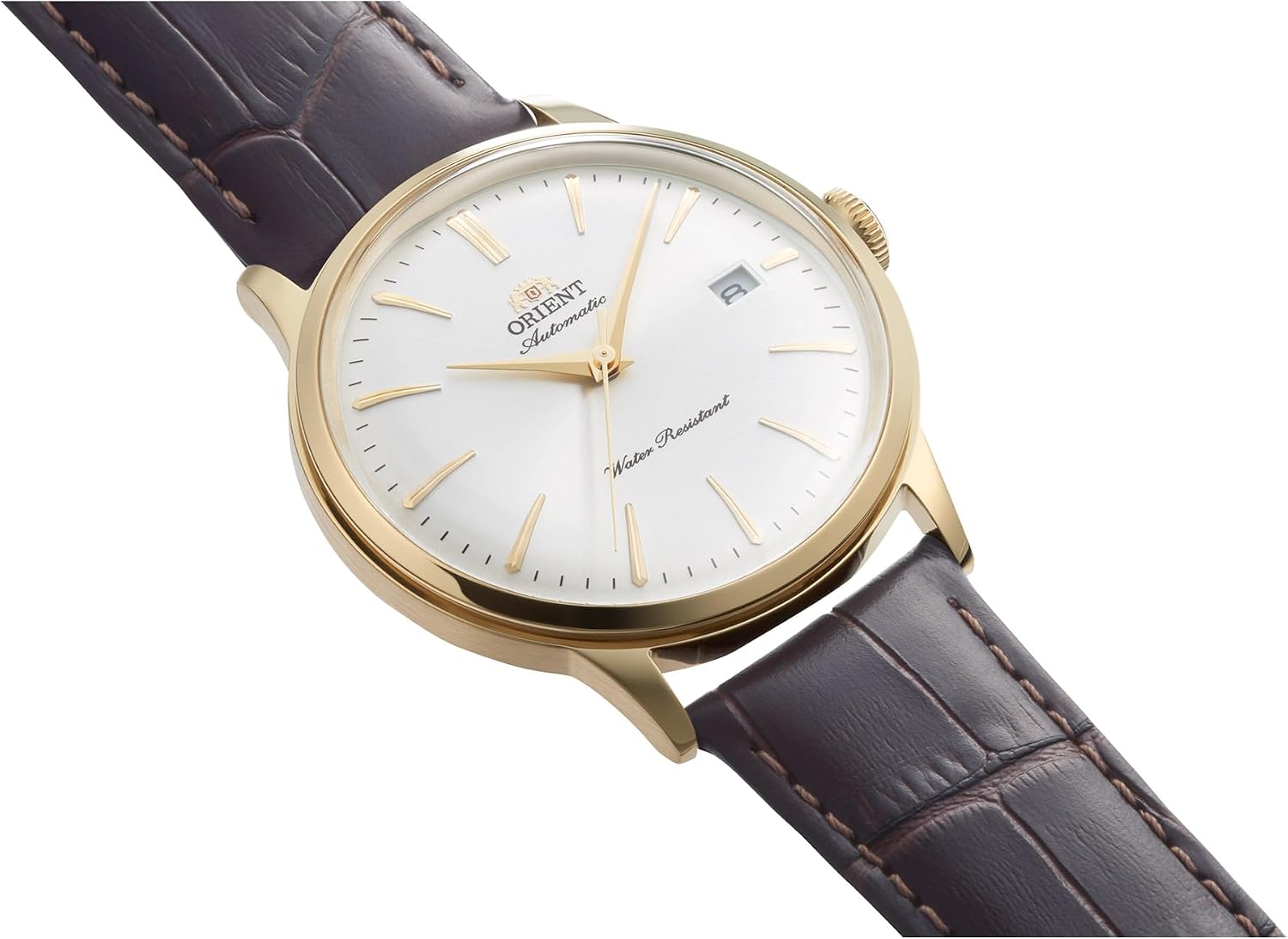 Orient Bambino RA-AC0028S30B 40.5mm Automatic Mechanical Men’s Dress Watch – White Dial, Gold PVD Stainless Steel Case, Brown Leather Strap, Domed Mineral Crystal & Date Display