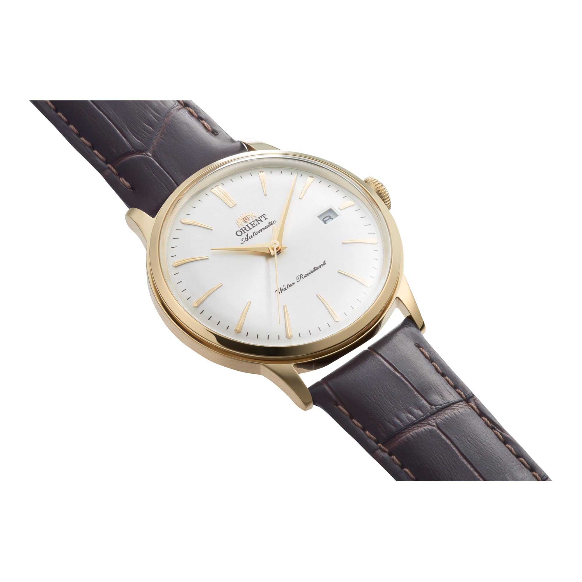 Orient Bambino RA-AC0028S30B 40,5 mm automatyczny mechaniczny męski zegarek do sukienki - biała tarcza, złota koperta ze stali nierdzewnej PVD, brązowy skórzany pasek, wypukły kryształ mineralny i