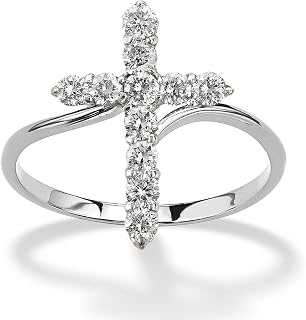 18K White Gold Plated Round Cut Cubic Zirconia Vertical Cross Bypass Band Ring Women's Religious Ring