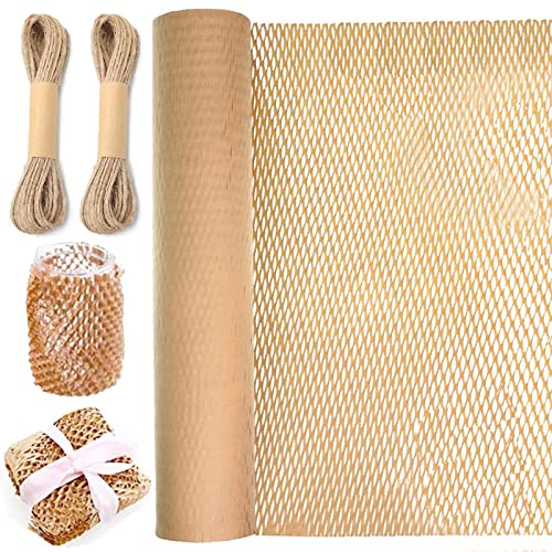 Papel de embalaje de panal perforado, protector de 30 cm x 32 pies rollo de envoltura de panal con cuerda de cáñamo de 20 m para embalaje y mudanza Cover