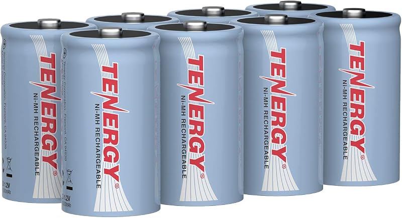 Tenergy 10000mAh NiMH D Battery, Rechargeable High Capacity D Size Battery, High Drain D Cell Batteries for Flashlight, 8-Pack - UL Certified